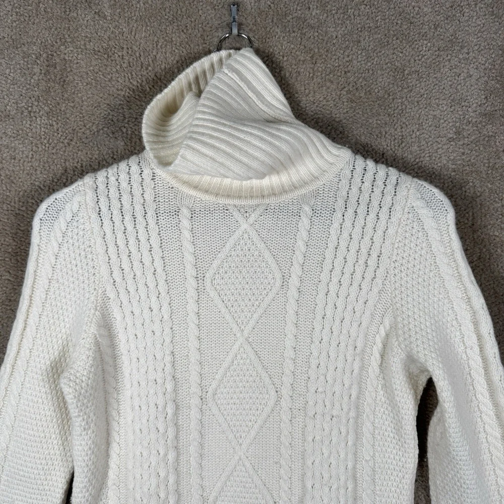 L.L. Bean Sweater Womens XS‎ Ivory Cable Knit Turtleneck Merino Wool Chunky
